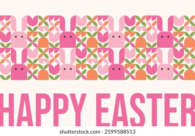 Happy Easter. Horizontal greeting banner or poster with large typography and geometric style pattern with Easter bunnies.