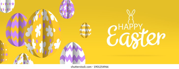happy easter horizontal greeting card banner design with paper cut decorative eggs on yellow background