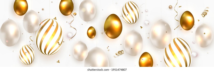 Happy Easter horizontal greeting card. Template with realistic golden eggs, decoration. Easter Day concept.Holidays banner. Vector