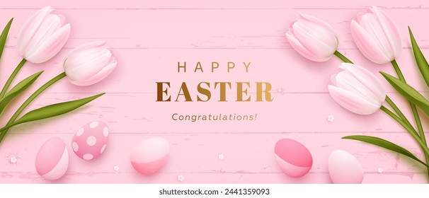 Happy easter horizontal greeting card or web banner with realistic 3d tulips, easter eggs and golden text on pink background. Festive elegant wallpaper. Vector illustrations