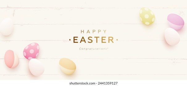 Tarjeta de felicitación horizontal de Pascua feliz o banner web con huevos de Pascua 3d realistas y texto dorado sobre fondo de madera clara. Papel pintado elegante festivo. Ilustraciones vectoriales