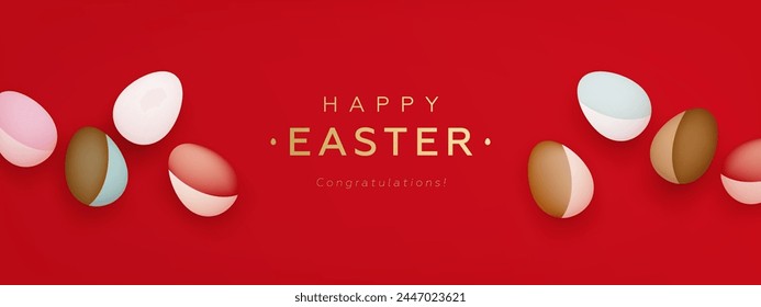 Glückliche Ostern Horizontale Grußkarte oder Web-Banner mit realistischen 3D-Ostereiern und goldenem Text auf rotem Hintergrund. Festlicher, eleganter Bildschirmhintergrund. Vektorillustrationen