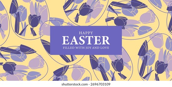 Tarjeta de felicitación Horizontal de Pascua feliz con tulipanes.