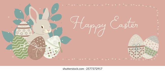 Happy Easter Horizontal Hand drawn banner with a rabbit and eggs. Festive Easter card with a rabbit and decorated eggs and the inscription "Happy Easter". Modern style design, pastel color