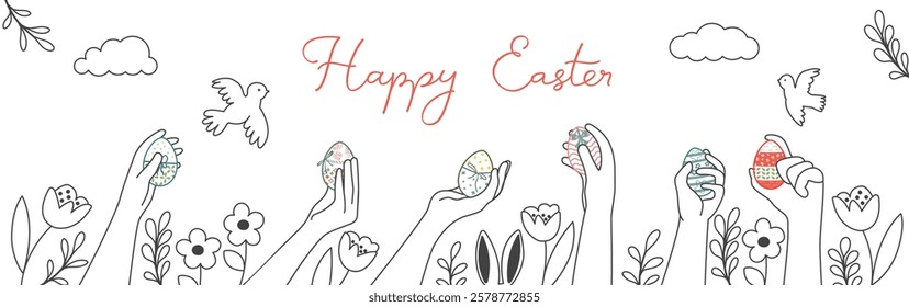 Happy Easter Horizontal Hand-drawn Easter Doodle background. People holding Easter eggs, Easter bunny ears, flowers, birds. Vector festive background for wrapping paper, banner, greeting card, poster