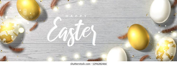 Happy Easter horizontal holiday banner. Beautiful background with realistic white and golden eggs, sparkling gold confetti, shining garlands and chicken feathers. Festive vector illustration.