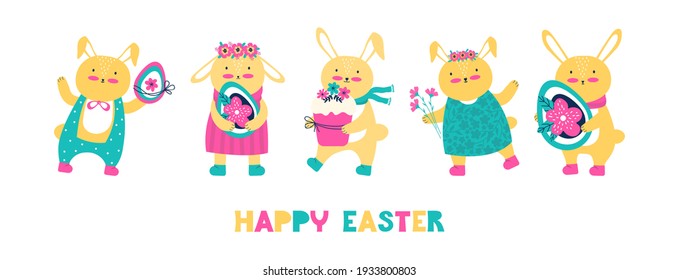 ¡Feliz Pascua! Pancarta horizontal de vacaciones con texto de felicitación. Bonito conejito con huevos de Pascua, pasteles y un ramo de flores sobre fondo blanco. Ilustración dibujada a mano. Festival de primavera
