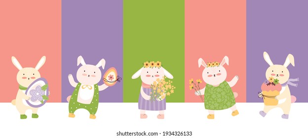 Happy Easter! Horizontal holiday banner. Cute rabbits and hares with Easter eggs, a cake and a bouquet of flowers on a colorful background. Hand drawn vector illustration. Spring Festival