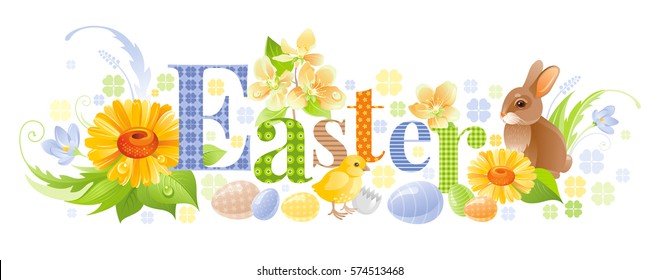 Happy Easter horizontal logo banner. Spring landscape bunny rabbit, chicken, egg, crocus daisy flower, grass. Springtime nature. Text lettering. Vector illustration background. Greeting card border