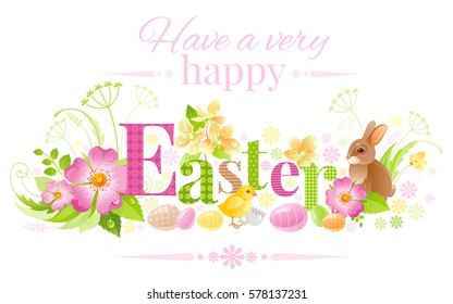 Happy Easter horizontal logo banner. Spring landscape bunny rabbit, chicken, egg, rose flower, blue crocus, grass. Springtime nature. Text letter. Vector illustration background Modern greeting card