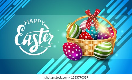 Happy Easter, horizontal modern blue template postcard with basket with Easter eggs