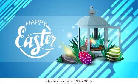 Happy Easter, horizontal modern blue template postcard with antique lantern with Easter eggs