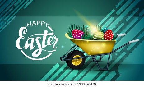 Happy Easter, horizontal modern green template postcard with wheelbarrow with Easter eggs