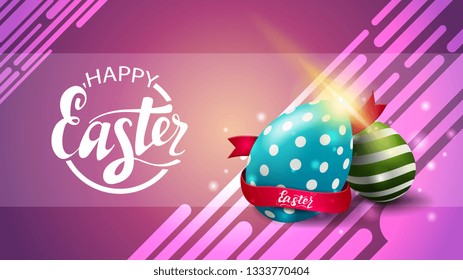 Happy Easter, horizontal modern pink template postcard with Easter eggs