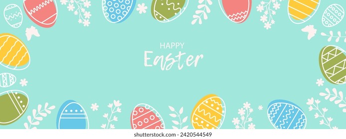 Feliz Pascua. Afiche horizontal, tarjeta de saludo, banner, plantilla de portada de vacaciones. Diseño de moda de Pascua con tipografía, flores, huevos de Pascua, ramas. Fondo festivo del vector de primavera