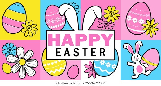 Happy Easter: horizontal poster for greeting card, invitation or background. Flat vector illustration.