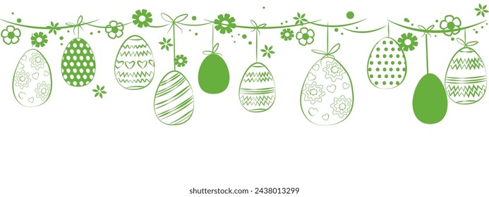 Happy Easter, horizontal seamless pattern with easter eggs and flowers. Vector illustration