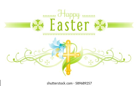 Happy Easter Horizontal Swirl Banner Border. Lily Flower, Christianity Cross Icon. Spring Holiday Vector Illustration. 