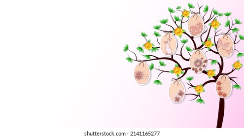 Happy Easter. Horizontal template design with tree, leaves, flowers, decorative Easter eggs. Frame for banners, greeting cards, social media. Vector illustration isolated on light background