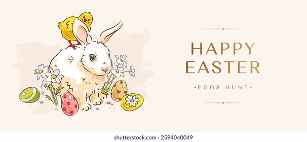 Happy easter horizontal web baner, flyer or wallpaper design template with hand drawn easter eggs, cute easter bunny, chicken flowers and golden text on pink background. Vector illustration