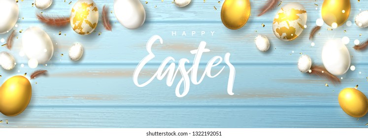 Happy Easter horizontal web banner. Festive banner with realistic white and golden Easter eggs, sparkling golden confetti and feathers. Holiday vector illustration.