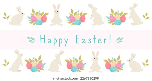 Happy easter horizontal web banner with bunny and eggs. Minimalism style