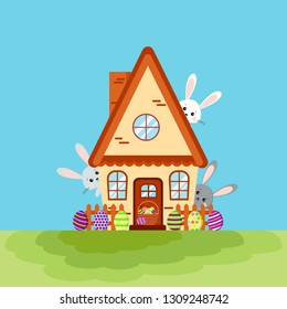 Happy easter house card with three bunnies peeking out of the house and easter egg in cartoon flat stylr. Vector spring holiday background illustration. Cute baby bunny and basket with colorful eggs.