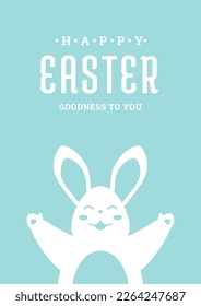 Happy Easter hug smiling bunny portrait with open paws vintage greeting card design template vector flat illustration. Cute rabbit Christianity holiday character festive event celebration postcard