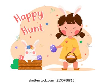 Happy Easter hunt cute vector illustration. Easter bunny, Easter eggs and cute child baby girl with basket. Isolated editable background. 