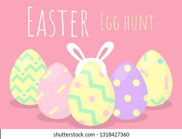 happy easter hunt greeting card, rabbit behind egg concept, vector illustration