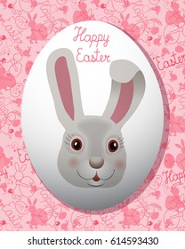 Happy Easter hunt greeting card with Medallion, cameo,handwritten text,Easter  hunter hare bunny cartoon pet rabbit ,Easter hearts eggs,on pattern background .Vector illustration