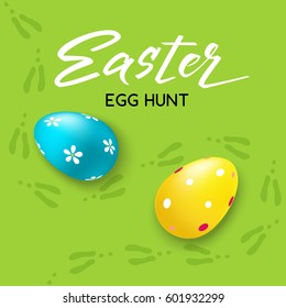 Happy Easter hunt handdrawn Lettering card whith decorated eggs and easter rabbit's traces - Vector illustration.