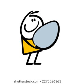 Happy easter hunter found big heavy painted egg. Vector illustration of cartonn stickman and traditional sign of spring.
