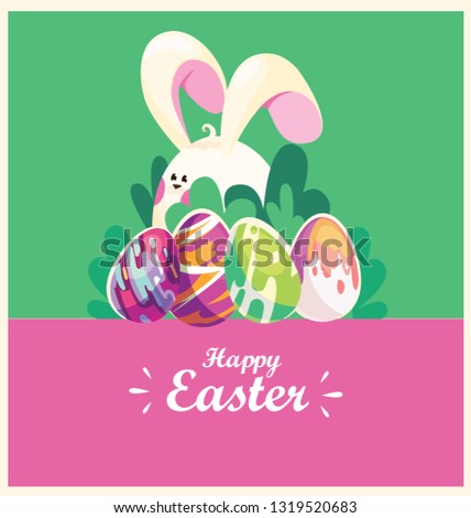 Happy Easter.Egg Hunt.Greeting card with easter eggs. The rabbit hid in the grass. Spring holiday. Vector Illustration