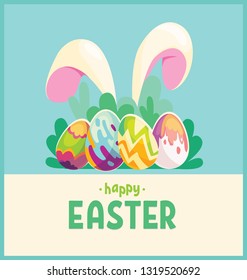 Happy Easter.Egg Hunt.Greeting card with painted easter eggs.The rabbit hid in the grass. Spring holiday. Vector Illustration