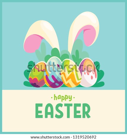 Happy Easter.Egg Hunt.Greeting card with painted easter eggs.The rabbit hid in the grass. Spring holiday. Vector Illustration