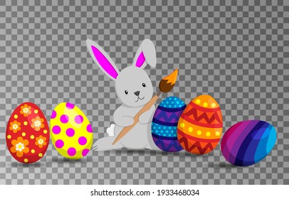 Happy Easter. Easter Icon. Easter Basket. Colorfull Egg. Easter Egg. Happy Bunny Rabbit. PNG. Vector Illustration. Transparent Background.
