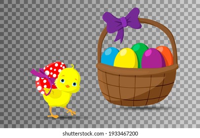 Happy Easter. Easter Icon. Chicken Baby. Easter Basket. Colorfull Egg. Easter Egg. Happy Chick. PNG. Vector Illustration. Transparent Background.
