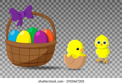 Happy Easter. Easter icon. Chicken baby. Easter basket. Colorfull egg. Easter egg. Happy chick. PNG. Vector illustration. Transparent background.
