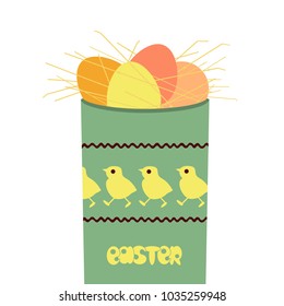 Happy Easter icon isolated on white. Cute lettering. Fancy comic cartoon eggs, chickens. Decorative christian sunday celebration symbol. Spring holiday banner, greeting card flyer. Vector illustration