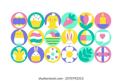 The Happy Easter Icon Set in Bauhaus Geometric Style with Festive Symbols, Bunny, Chick, Painted Eggs, Desserts, Angel, Candle, Spring Flowers, and Leaves in a Vector Illustration