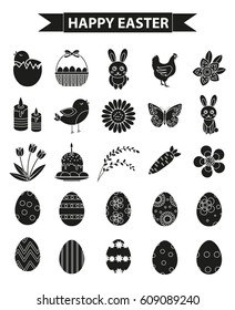 Happy Easter icon set, black silhouette, outline style. Vector illustration