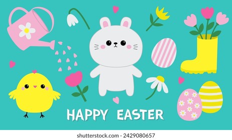 Happy Easter icon set. Chicken bird, bunny rabbit, tulip, daisy chamomile flower bouquet, egg, heart, watering can, rubber boot. Cute cartoon kawaii baby character. Blue background. Flat design Vector