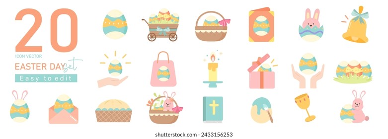 Happy Easter icon set. International religious holiday. Spring traditional festival. Cartoon flat vector collection