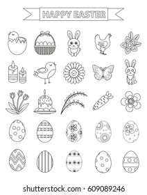 Happy Easter icon set, line style, doodle, hand drawing. Vector illustration