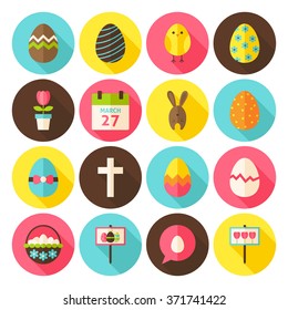 Happy Easter Icon Set with long Shadow. Flat Design Vector Illustration. Spring Religion Holiday. Collection of Circle website Icons.