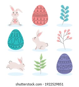 happy easter icon set over white background, colorful design, vector illustration