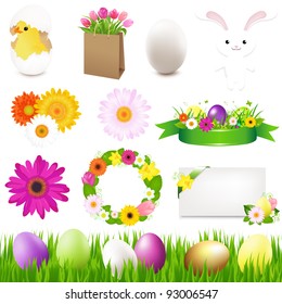 Happy Easter Icons And Green Grass, Vector Illustration