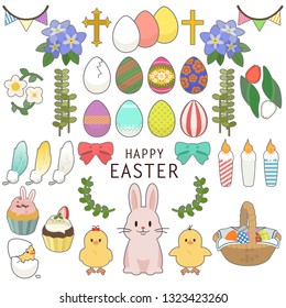Happy Easter icons set with decorated eggs, rabbit, chick, ornament, pancake, feather, flower and plant 