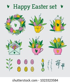 Happy easter icons set, hand painted, made in vector. Easter invitation.